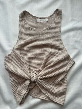 Mattelsa Tank - Women’s Large Beige - Waffle Knit Top Knotted Beachy Boho